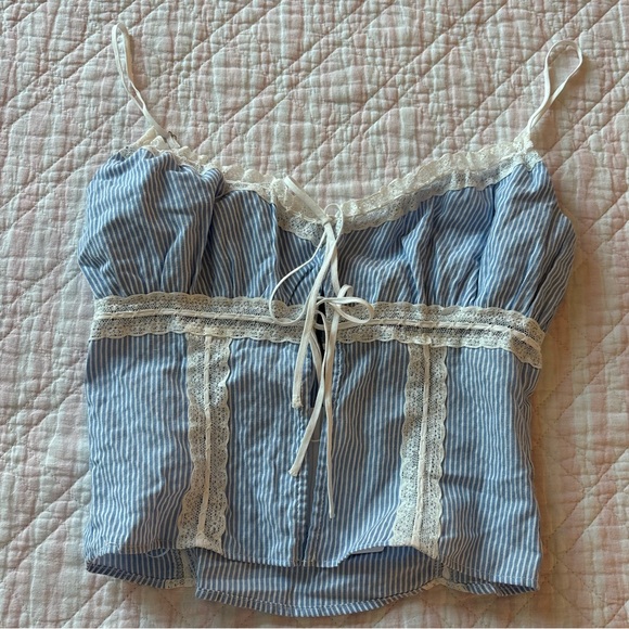 Cotton Candy Tops - Cotton Candy Blue and White Striped Camisole with Lace